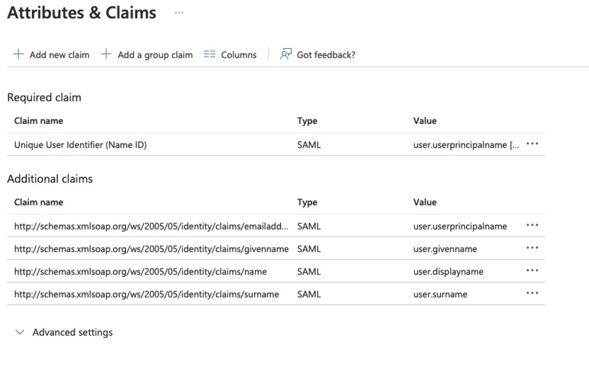 Attributes & Claims screenshot